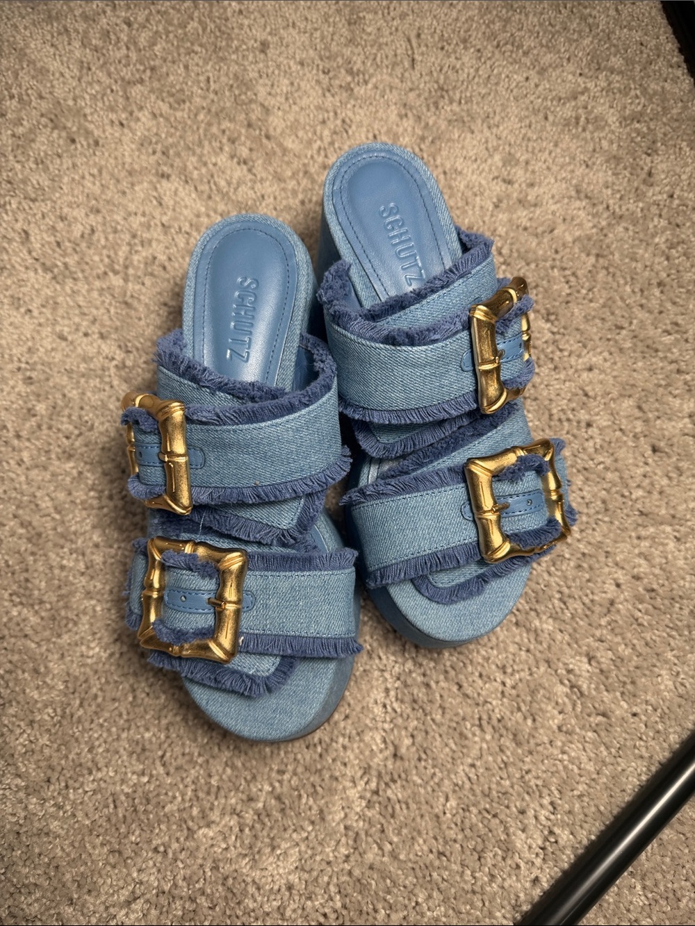 SCHUTZ Blue Denim Platform Slide Mules with Gold Buckles - Picture 2 of 5